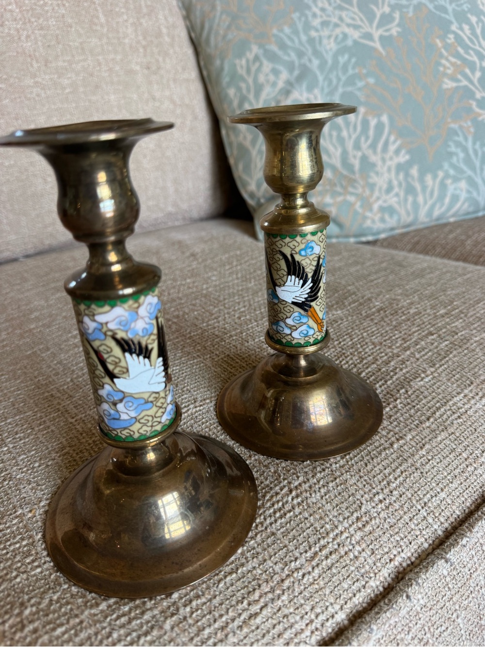 2 Brass Cloisonné Crane Candlestick Pair - White and Green Accent